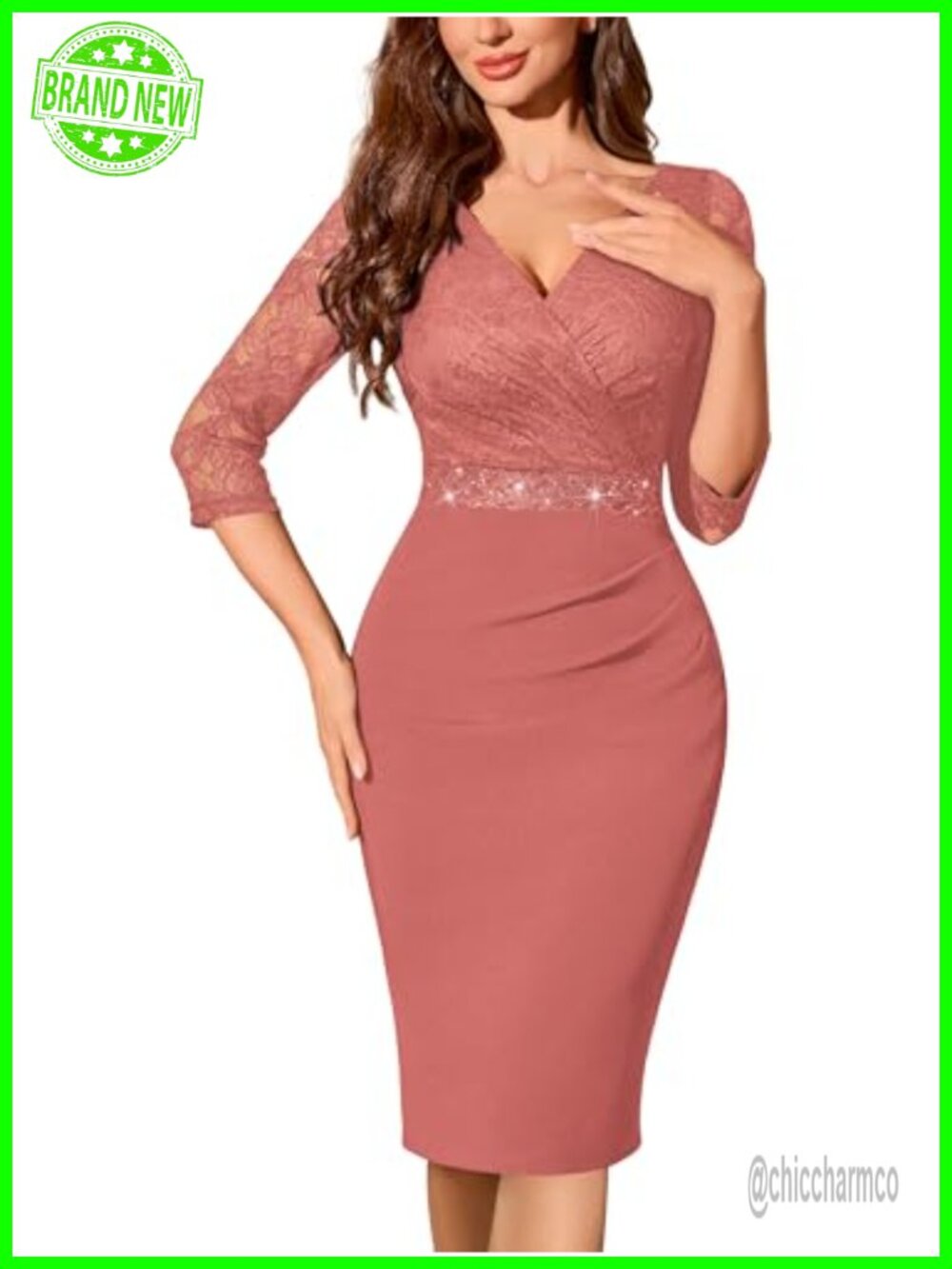 Miusol Women's Floral Lace Sequin Cocktail Dress Semi-Formal V-Neck 3/4 Sleeve